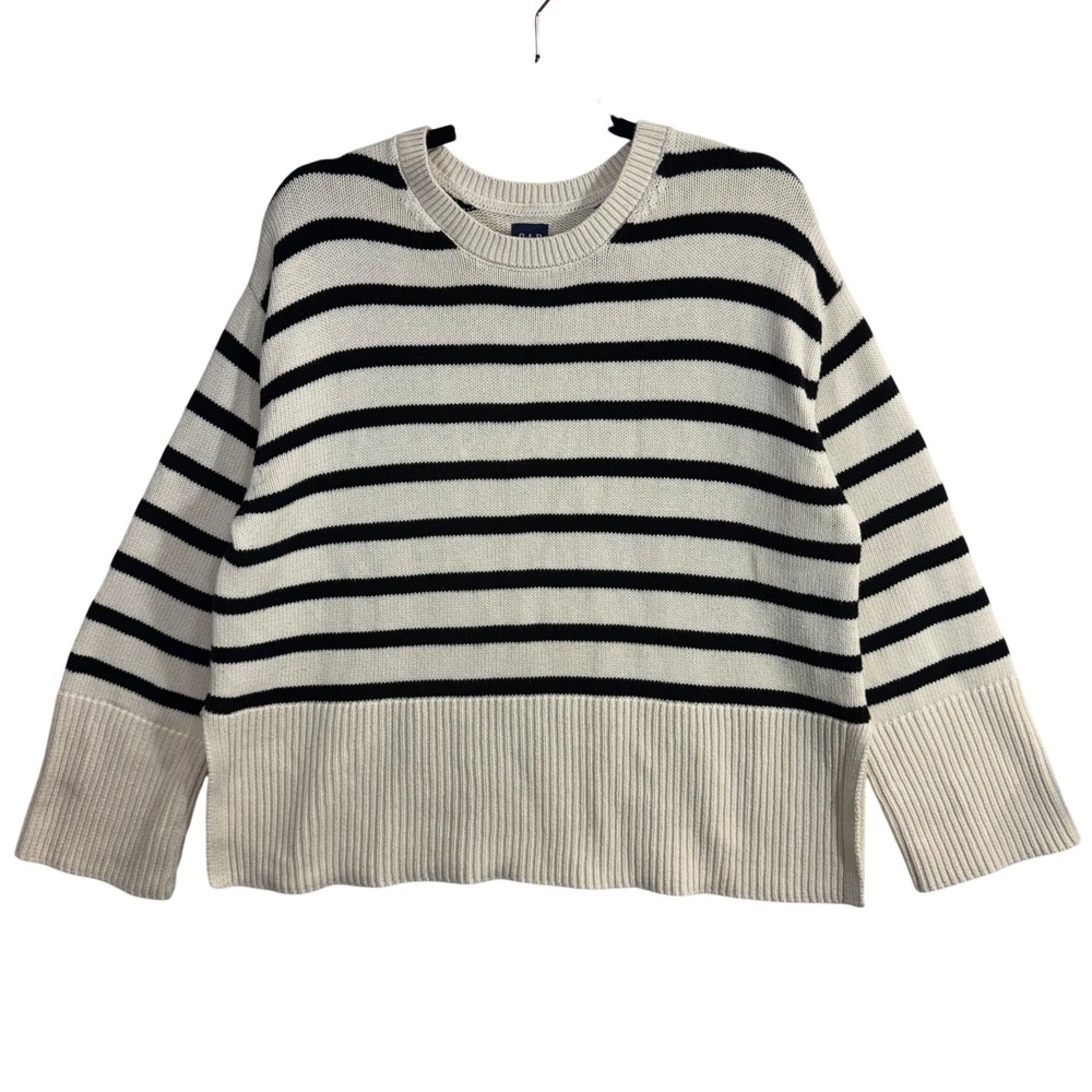 GAP S Striped Cotton Knit Sweater Cream Black Ribbed Preppy Nautlcal Oversized‎